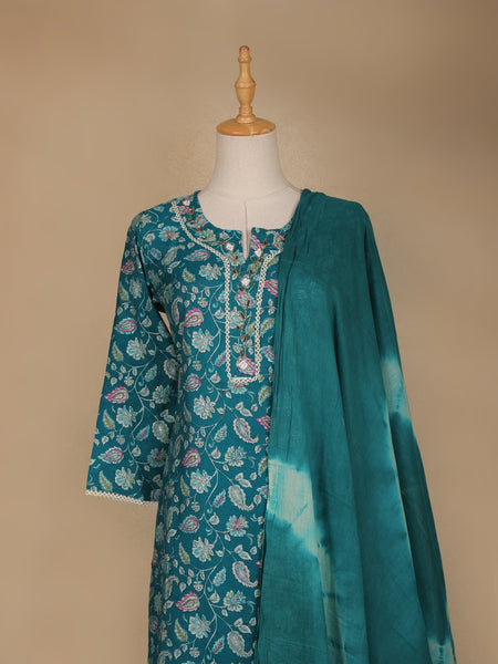 Green Floral Printed Cotton Salwar Suit - Diadem