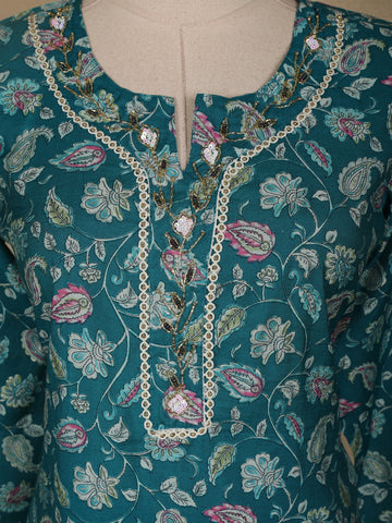 Green Floral Printed Cotton Salwar Suit - Diadem