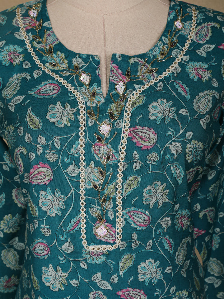 Green Floral Printed Cotton Salwar Suit - Diadem