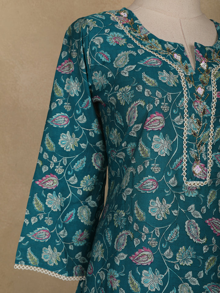 Green Floral Printed Cotton Salwar Suit - Diadem
