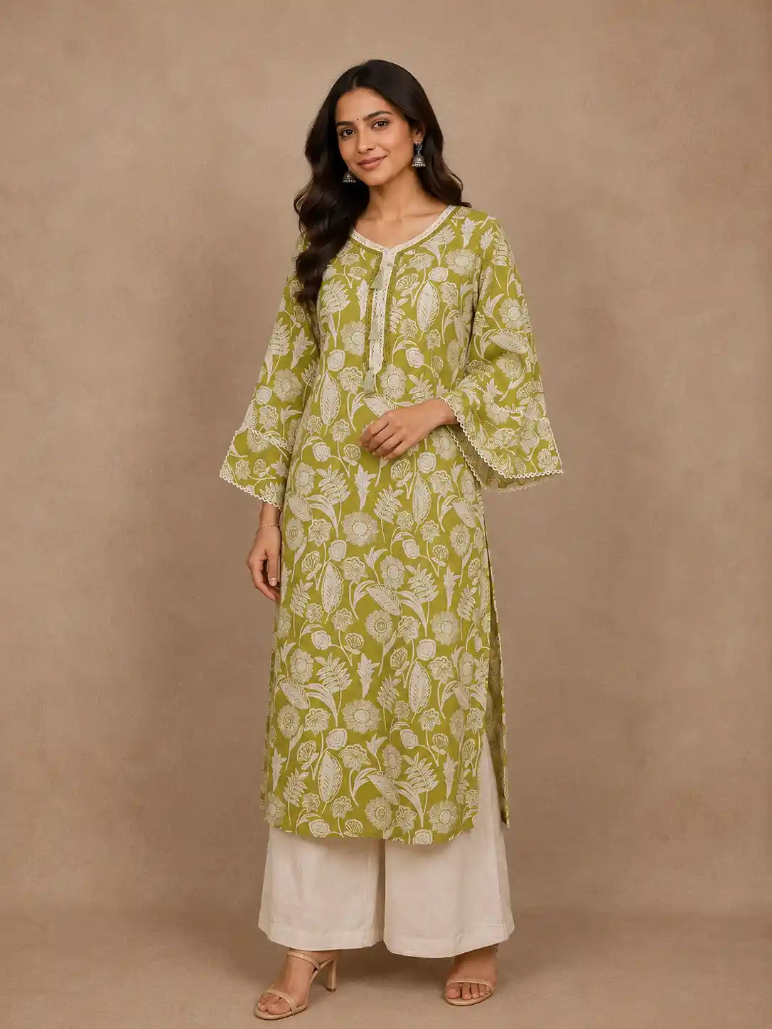 Green Floral Printed Cotton Salwar With Crochet Lace Detailing