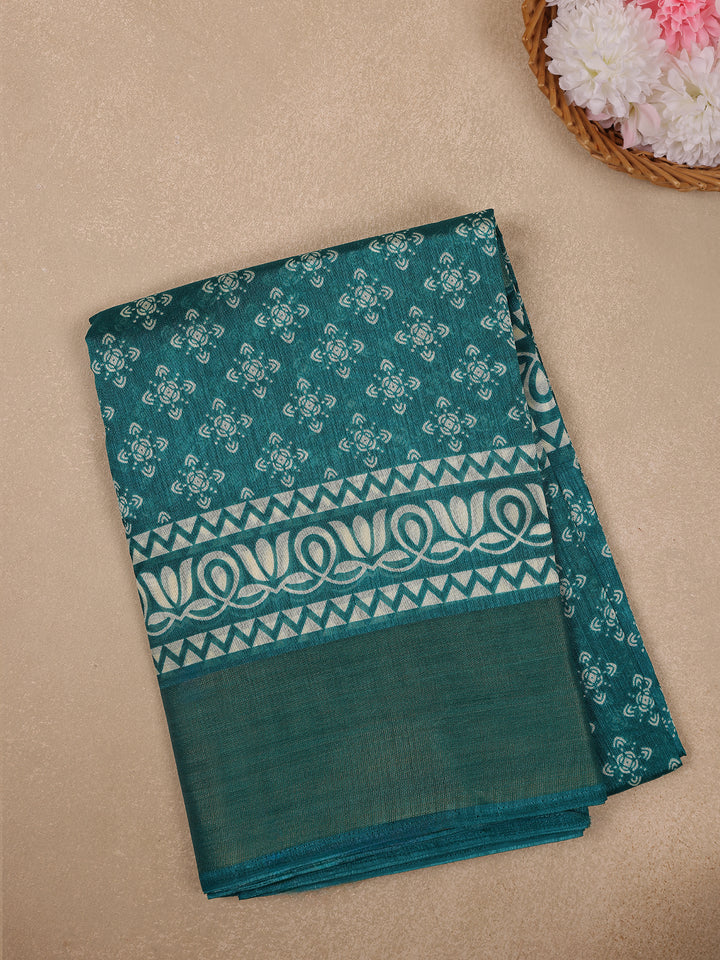 Green Floral Printed Fancy Cotton Saree - Diadem