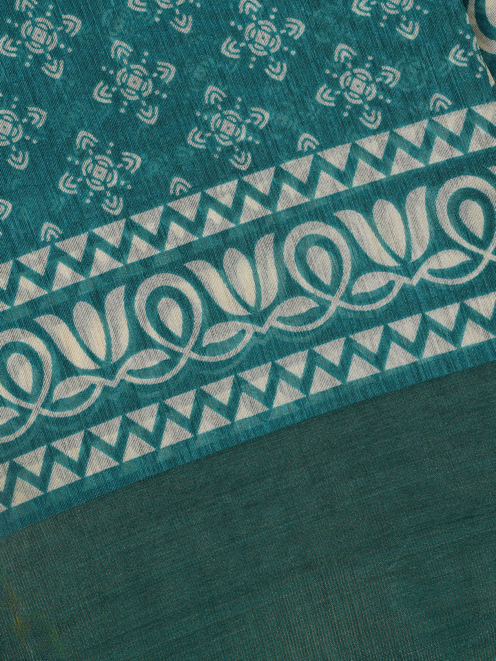 Green Floral Printed Fancy Cotton Saree - Diadem