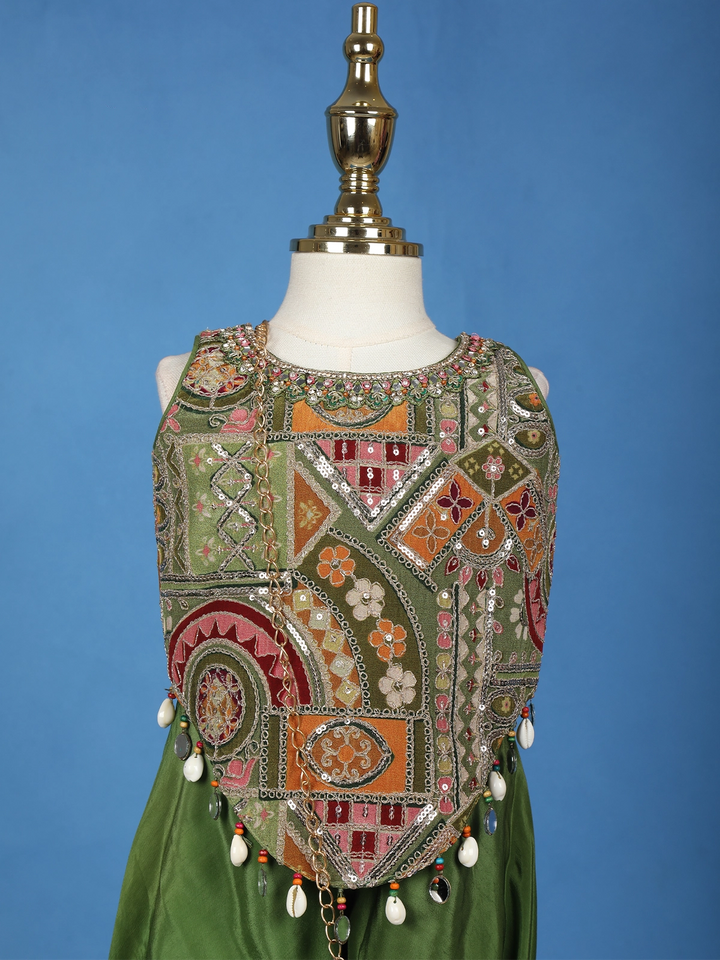 Green Floral Printed Gerogette Palazzo Salwar Suit for Girls - Diadem