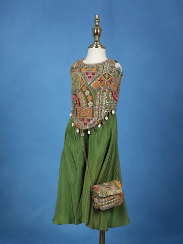 Green Floral Printed Gerogette Palazzo Salwar Suit for Girls - Diadem