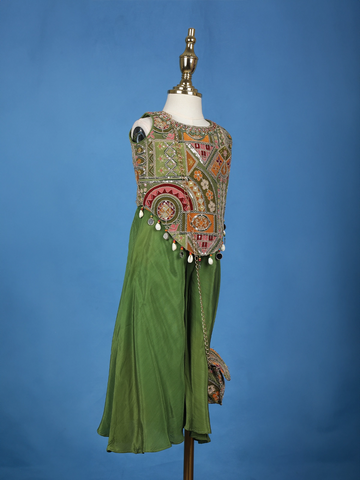 Green Floral Printed Gerogette Palazzo Salwar Suit for Girls - Diadem