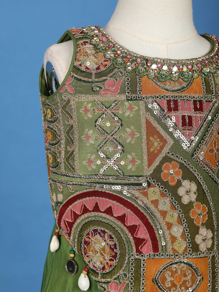 Green Floral Printed Gerogette Palazzo Salwar Suit for Girls - Diadem