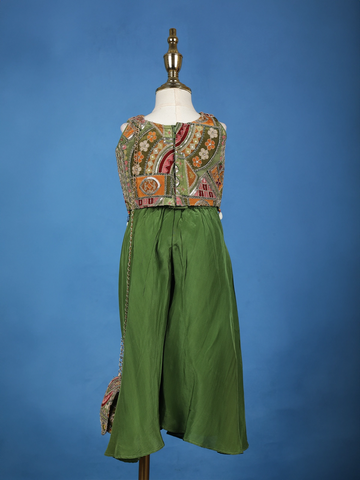 Green Floral Printed Gerogette Palazzo Salwar Suit for Girls - Diadem