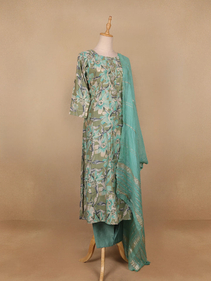 Green Floral Prints Cotton Straight Cut Salwar Suit - Diadem