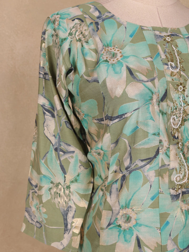Green Floral Prints Cotton Straight Cut Salwar Suit - Diadem