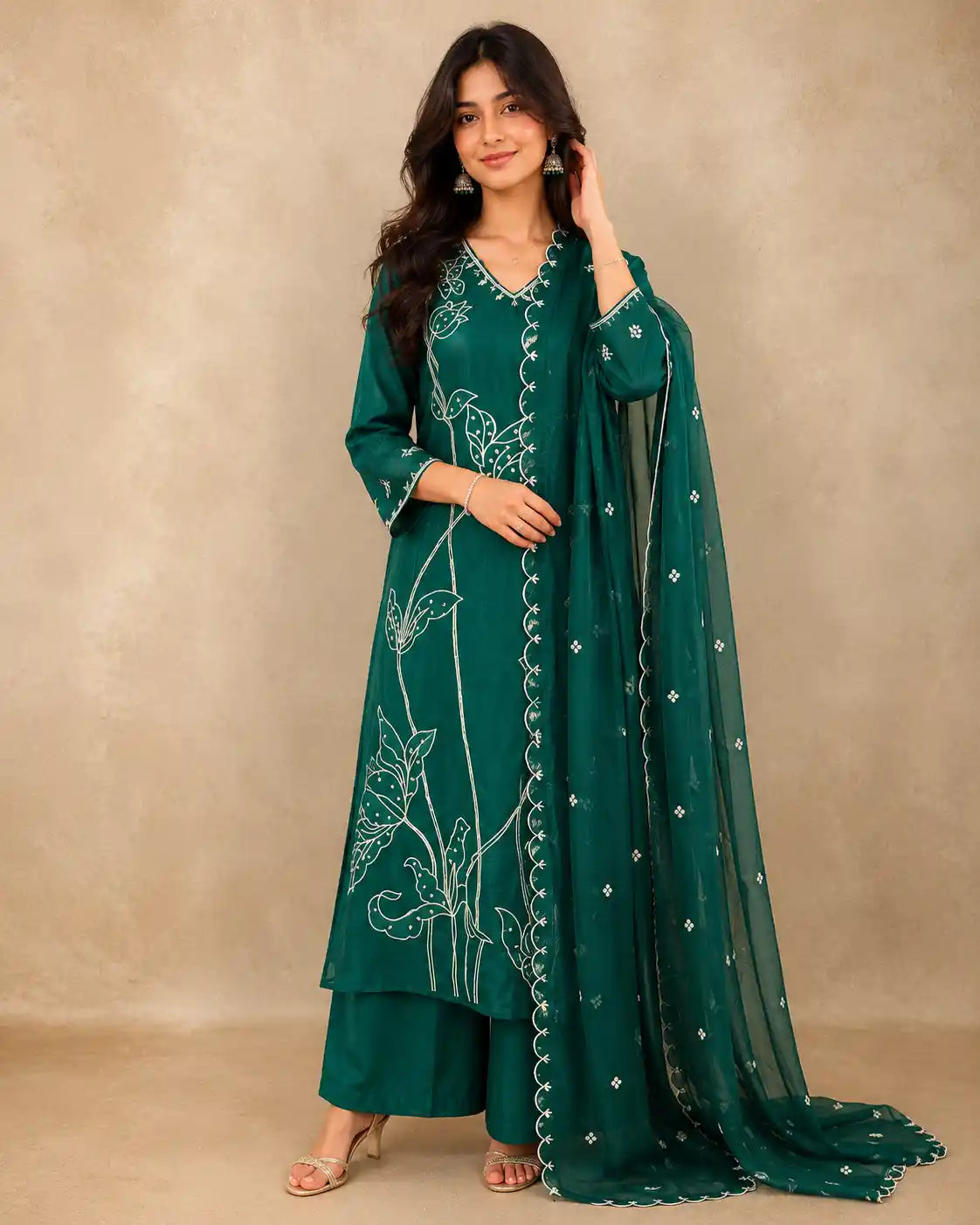 Green Floral Thread Embroidered Design Cotton Straight Cut Salwar Suit