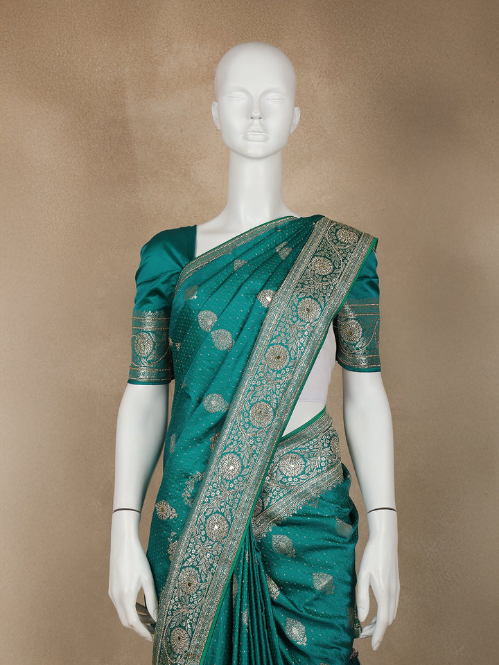 Green Floral Weave and Stone Work Banarasi Silk Saree - Diadem