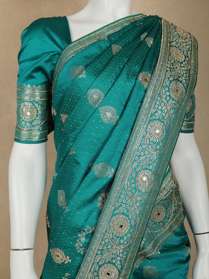 Green Floral Weave and Stone Work Banarasi Silk Saree - Diadem