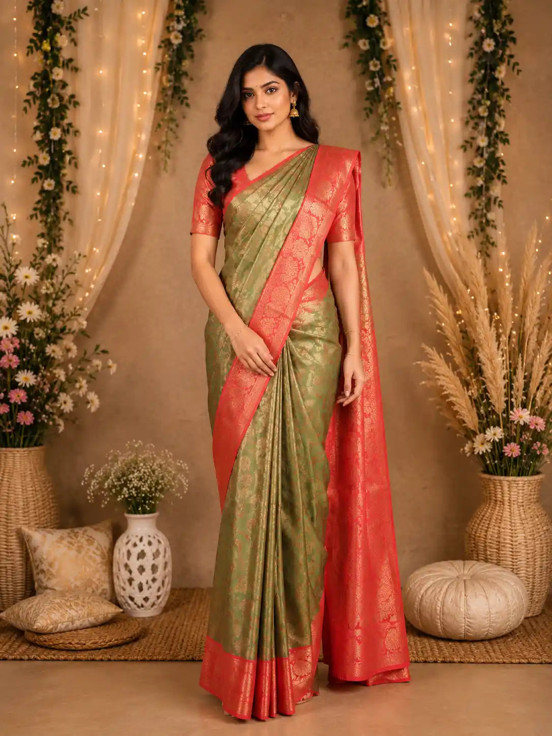 Green Floral Woven Pure Kanchipuram Silk Saree with Contrast Zari Border