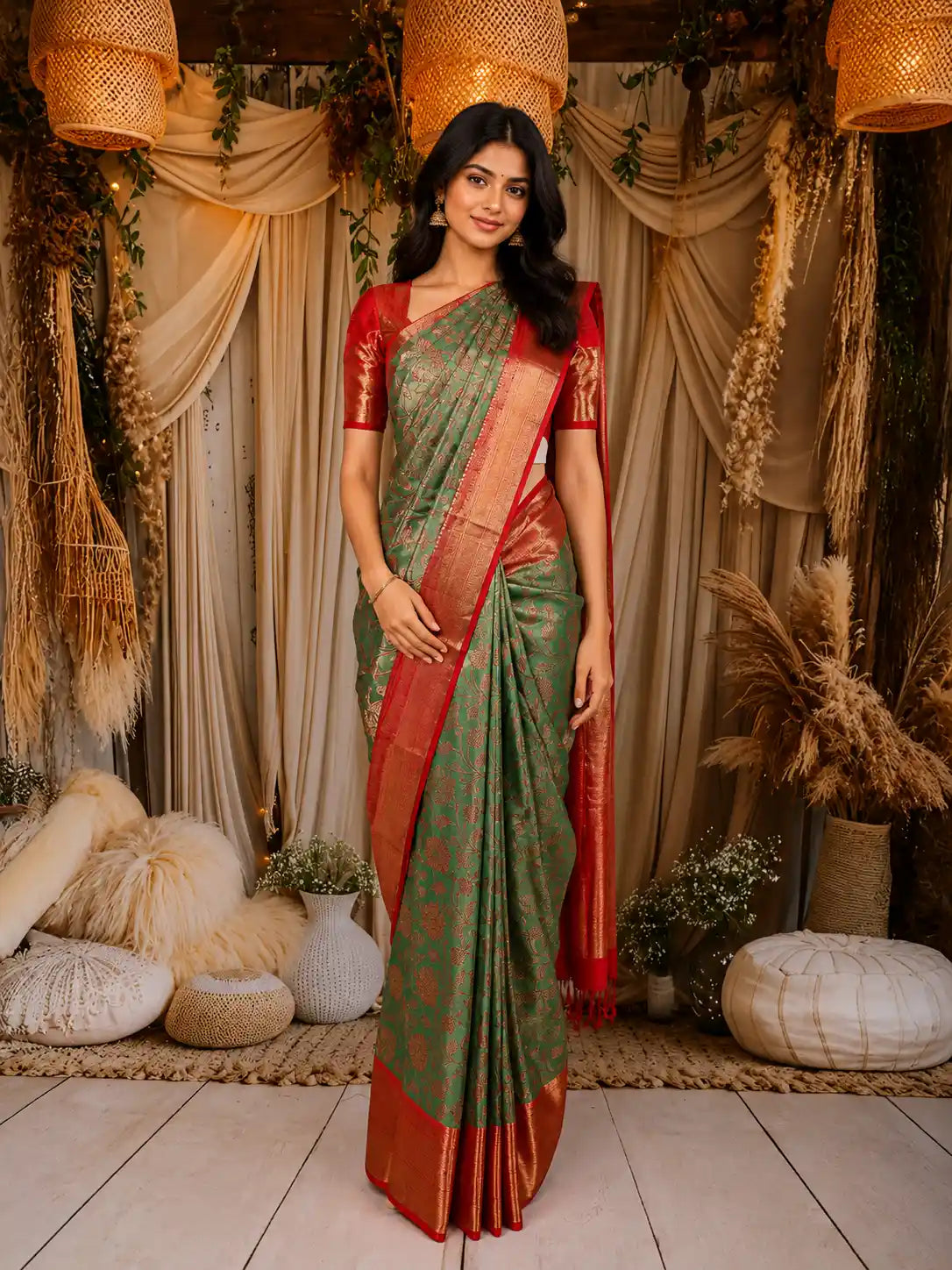 Green Floral Woven Pure Kanchipuram Silk Saree with Zari Border
