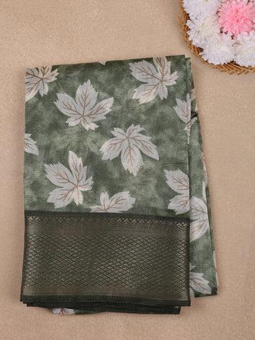 Green Floral Designed Fancy Cotton Saree - Diadem