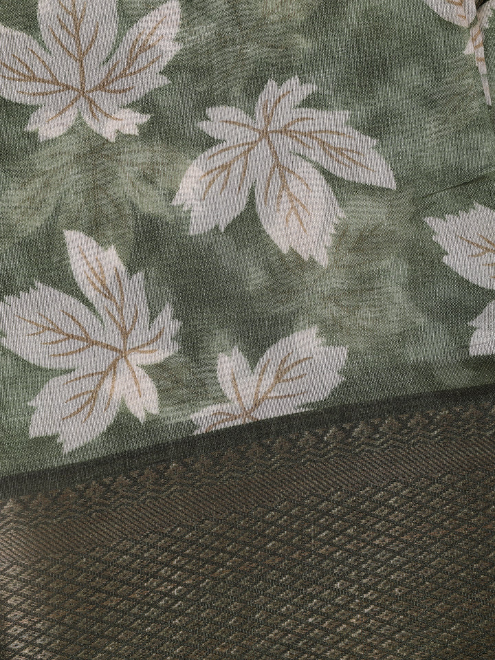 Green Floral Designed Fancy Cotton Saree - Diadem