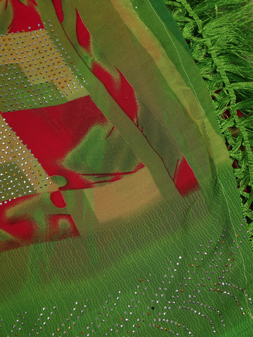 Green Geometric Checked Print with Beaded Synthetic Saree - Diadem