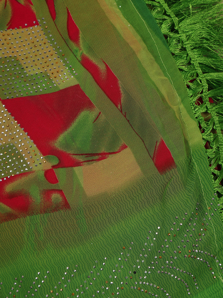 Green Geometric Checked Print with Beaded Synthetic Saree - Diadem