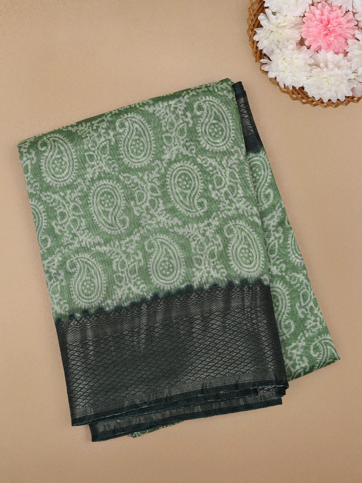 Green Paisley Designed Fancy Cotton Saree - Diadem