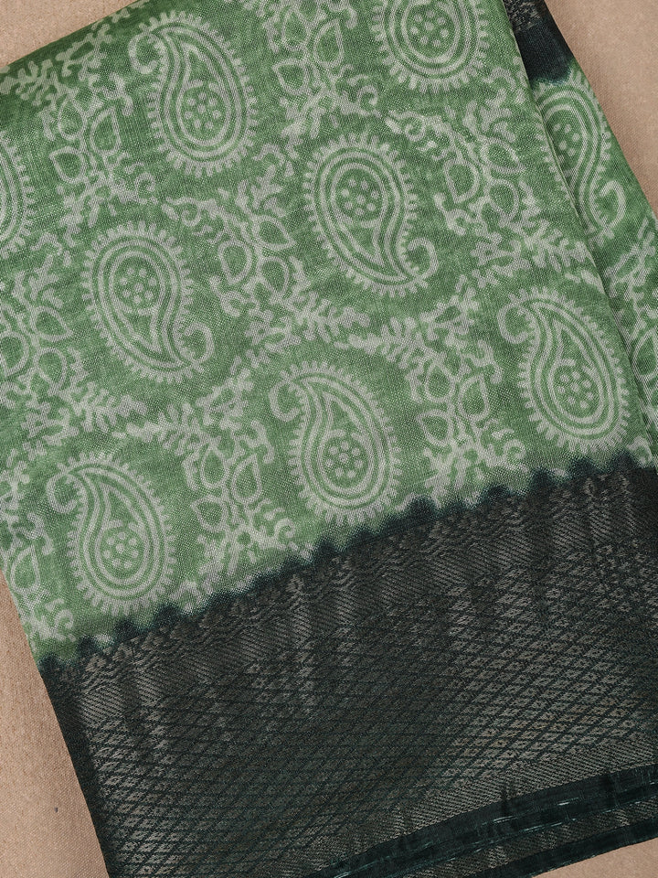 Green Paisley Designed Fancy Cotton Saree - Diadem
