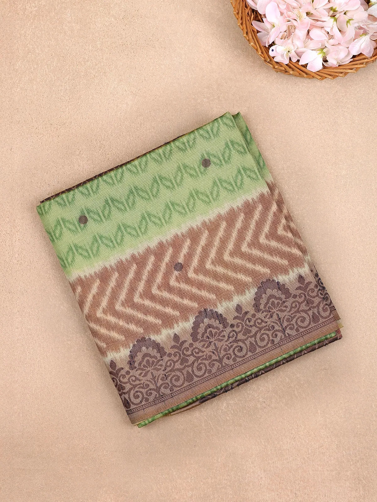 Green Pink Semi Tussar Silk Saree with Chevron Pattern - Diadem