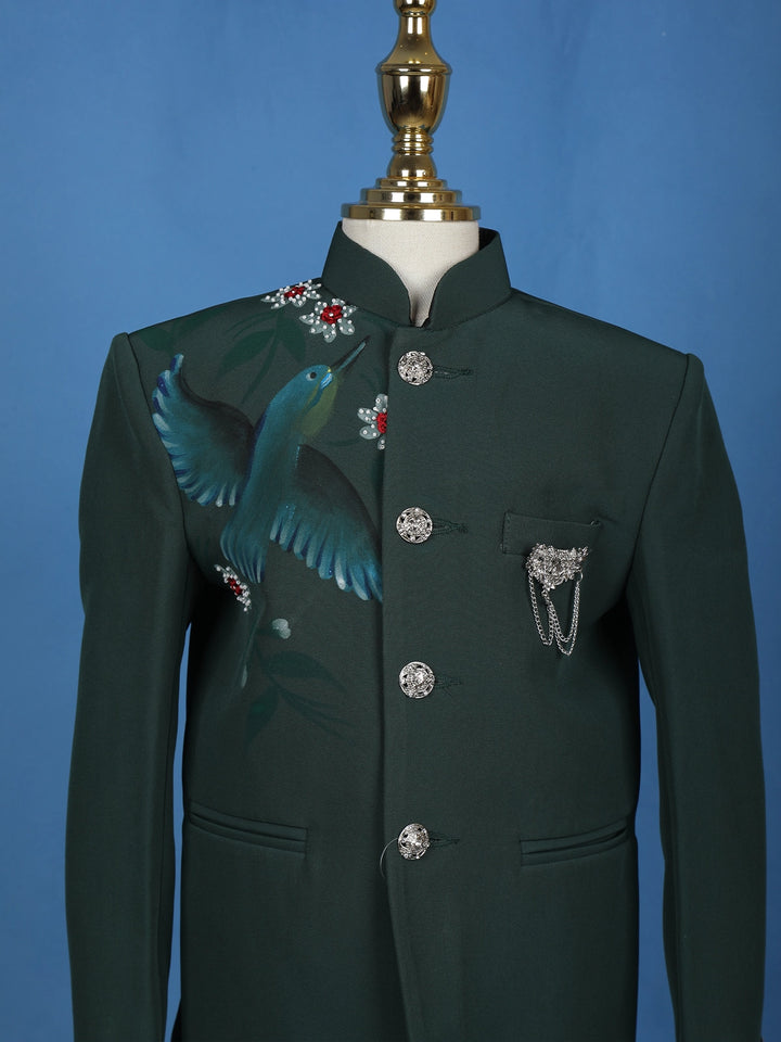 Green Pollyester Bird Printed Sherwani And Pant Set - Diadem
