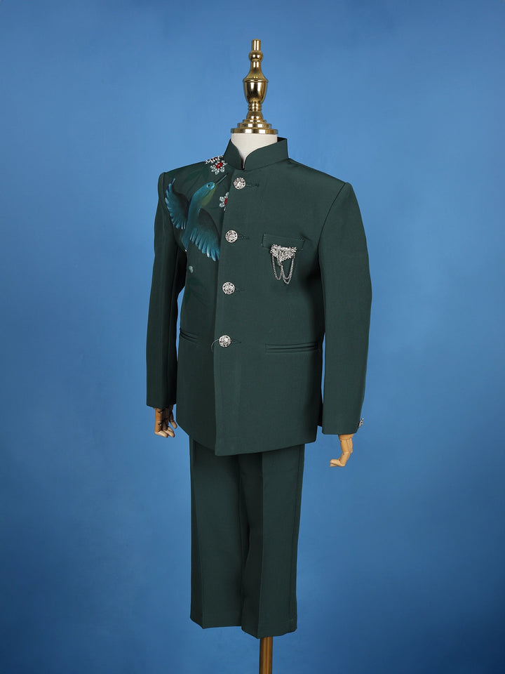 Green Pollyester Bird Printed Sherwani And Pant Set - Diadem
