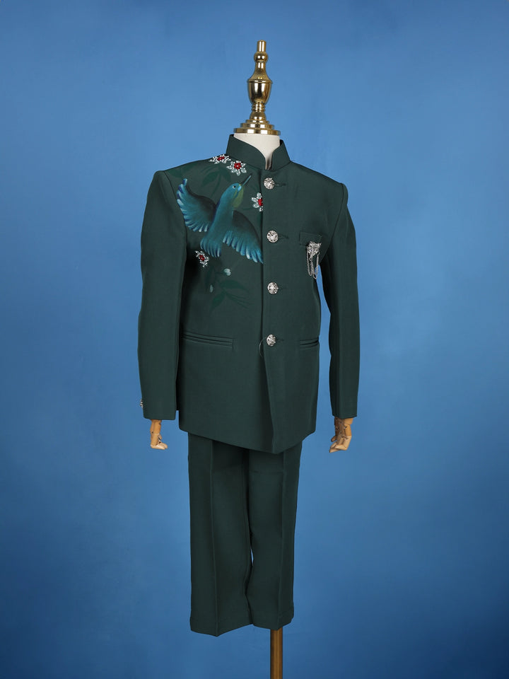 Green Pollyester Bird Printed Sherwani And Pant Set - Diadem