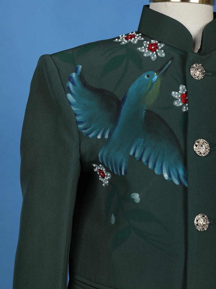Green Pollyester Bird Printed Sherwani And Pant Set - Diadem