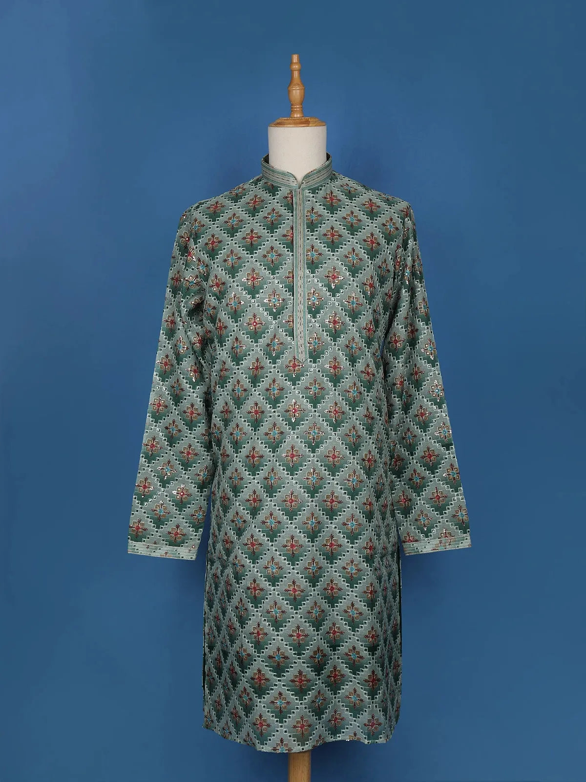 Green Sequins And Floral Embroidery Cotton Kurta Set With Pant