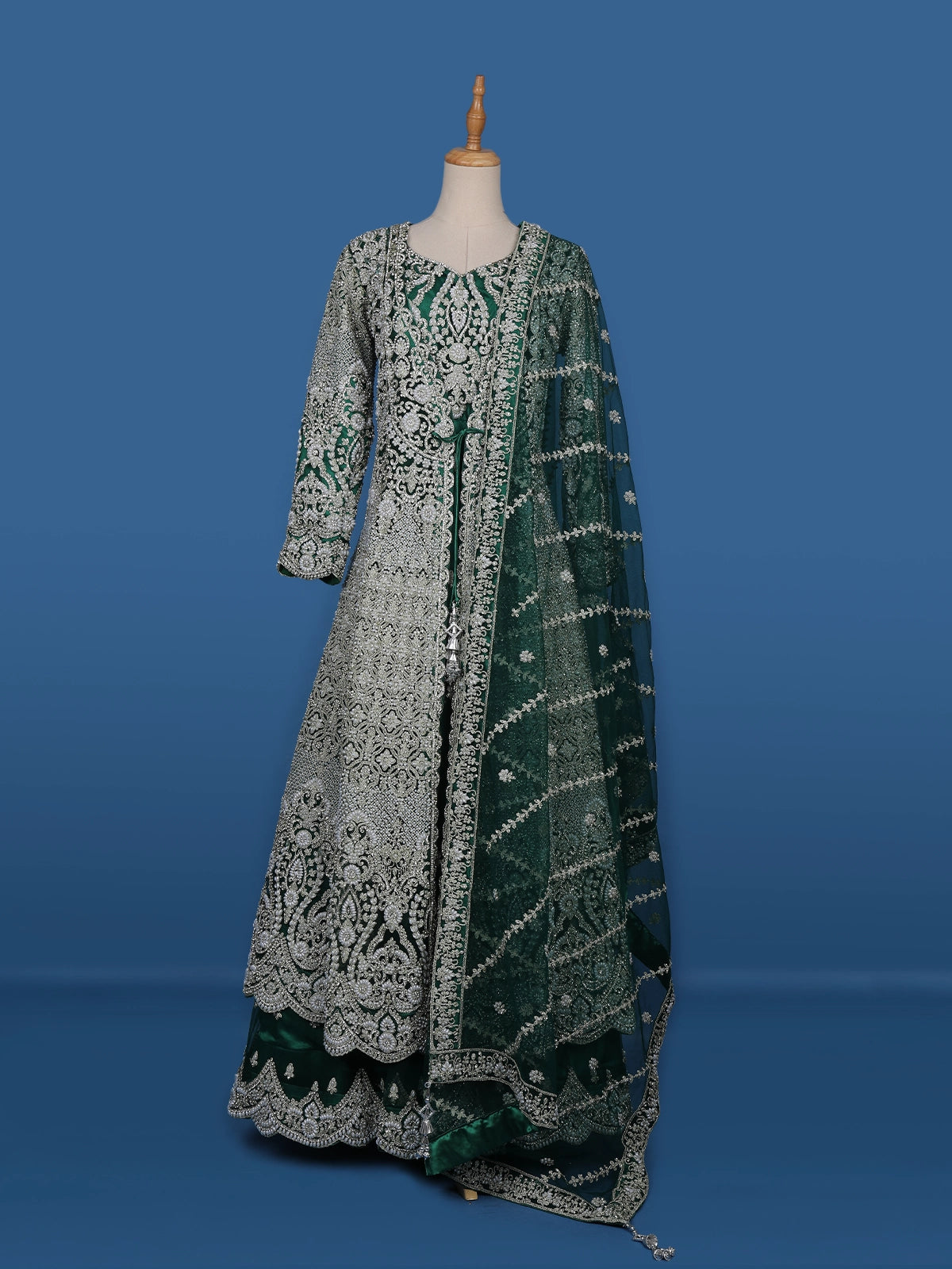 Green Stone And Floral Embroidery Net Bridesmaid Gown - Diadem