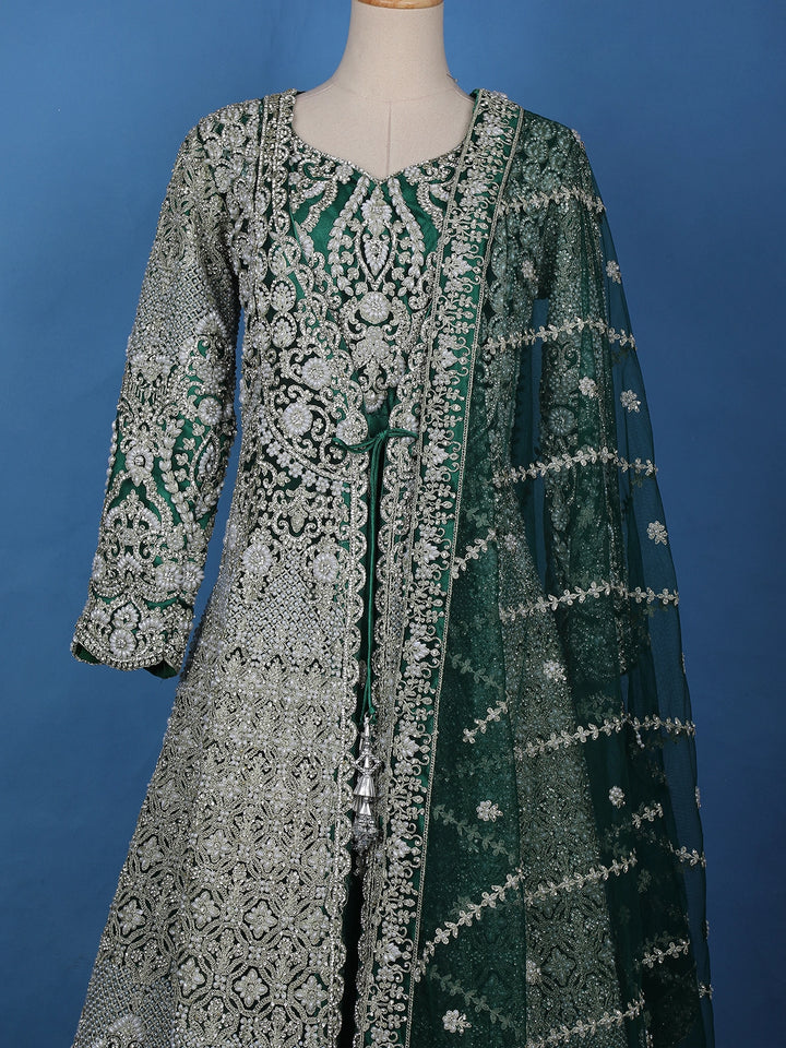 Green Stone And Floral Embroidery Net Bridesmaid Gown - Diadem