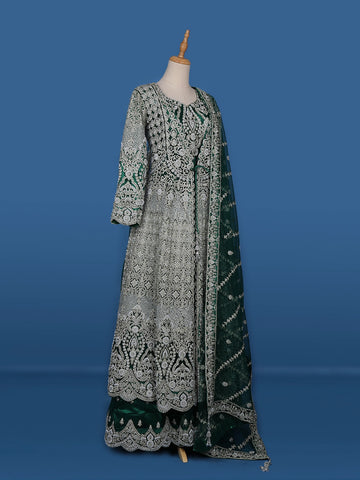Green Stone And Floral Embroidery Net Bridesmaid Gown - Diadem