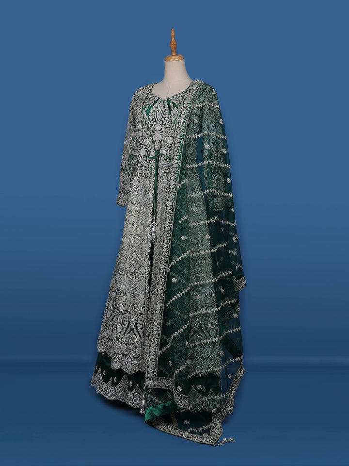 Green Stone And Floral Embroidery Net Bridesmaid Gown - Diadem