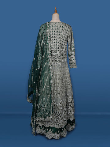 Green Stone And Floral Embroidery Net Bridesmaid Gown - Diadem