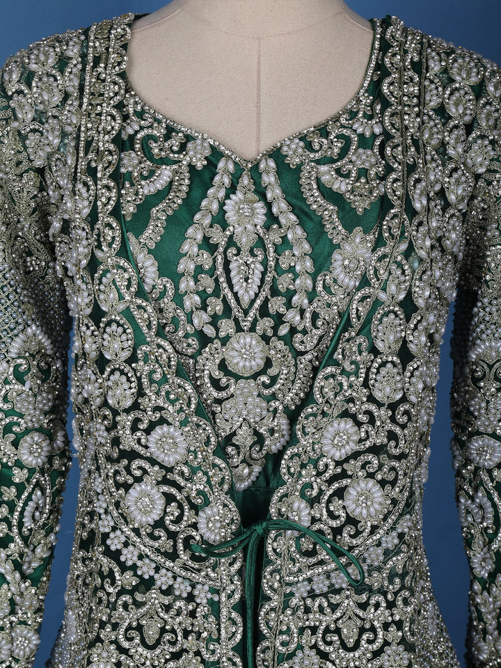Green Stone And Floral Embroidery Net Bridesmaid Gown - Diadem