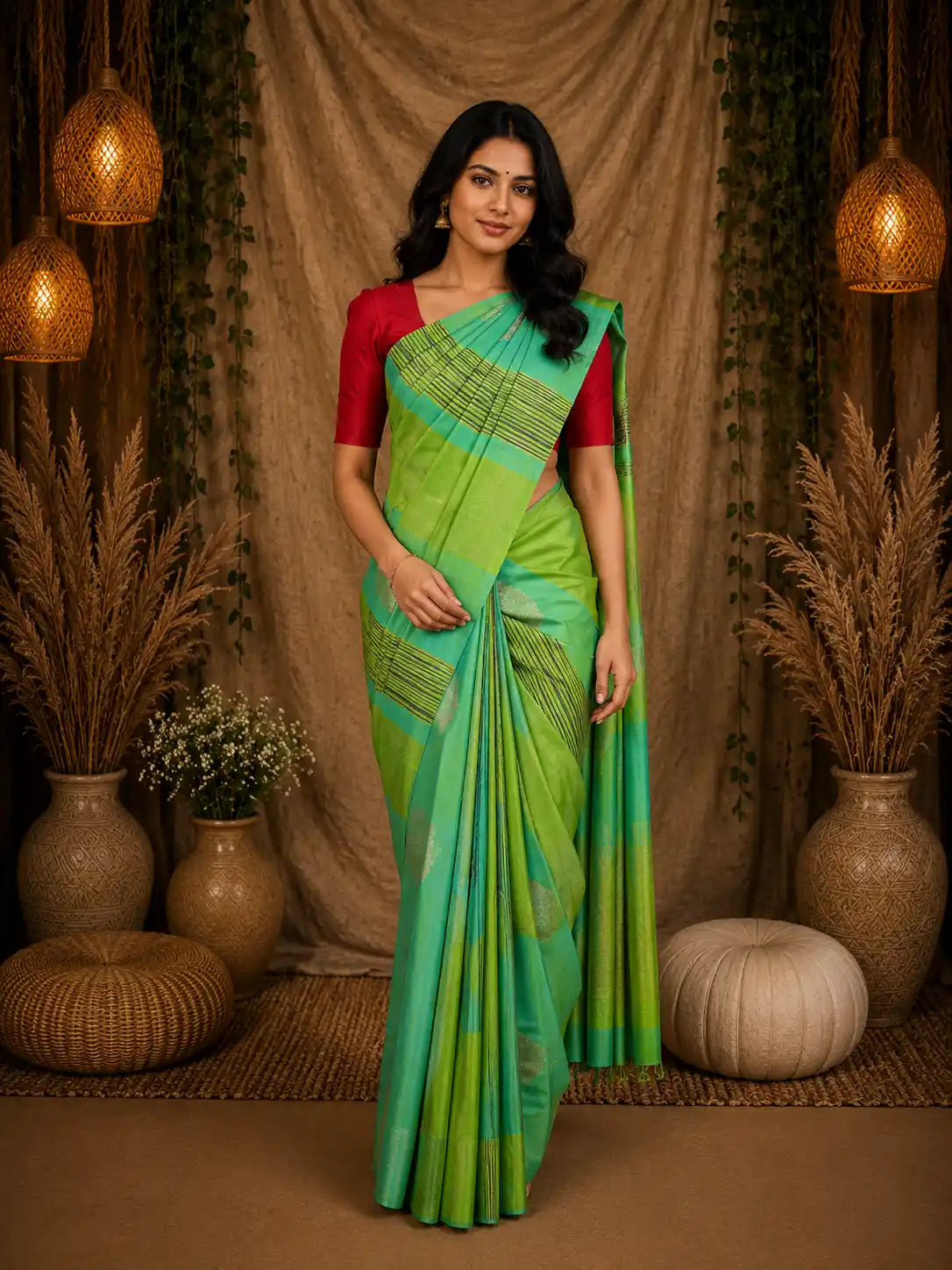 Green Stripes And Floral Woven Pure Kanchipuram Silk Saree