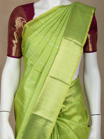 Green Stripes Woven Pure Kanchipuram Silk Saree - Diadem