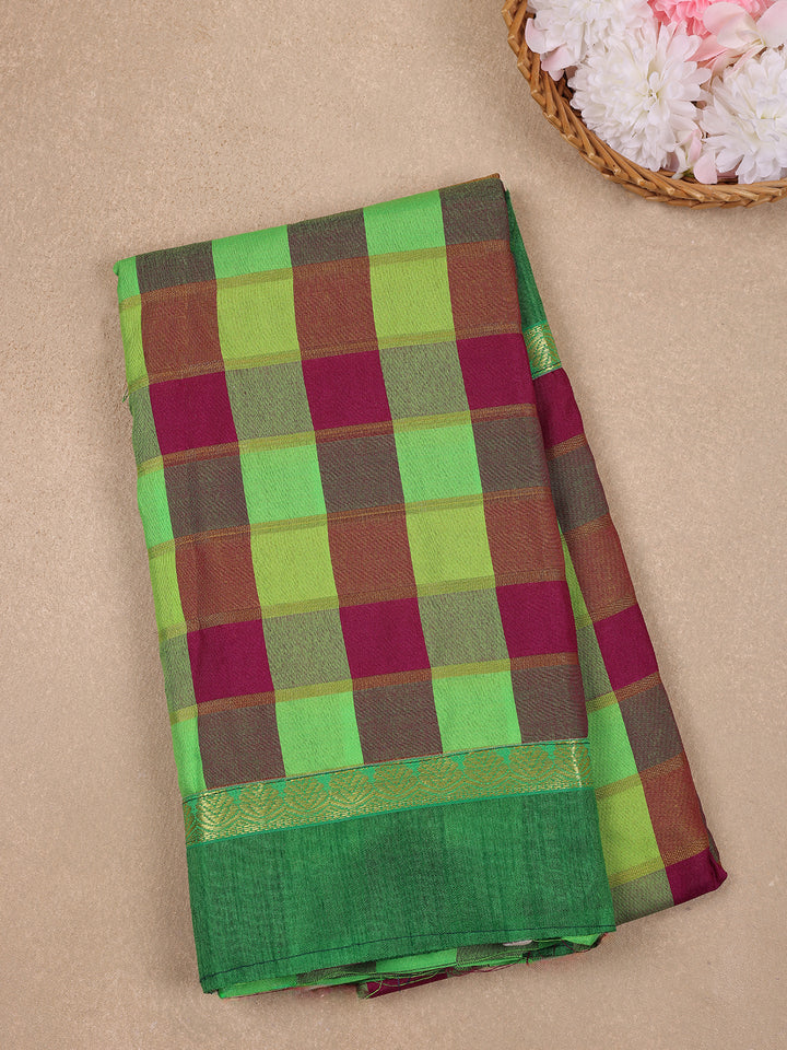 Green With Multicolor Checked Designed Woven Semi Silk Fancy Saree - Diadem