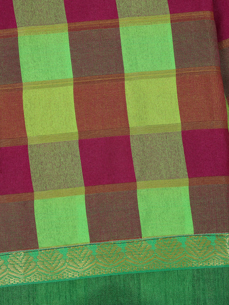 Green With Multicolor Checked Designed Woven Semi Silk Fancy Saree - Diadem