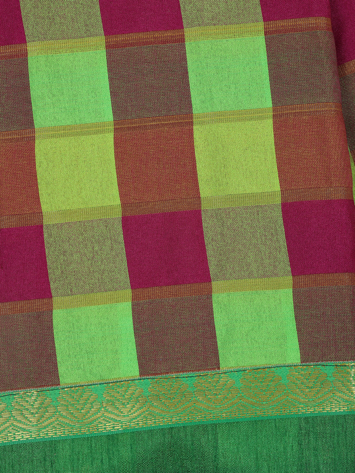 Green With Multicolor Checked Designed Woven Semi Silk Fancy Saree - Diadem