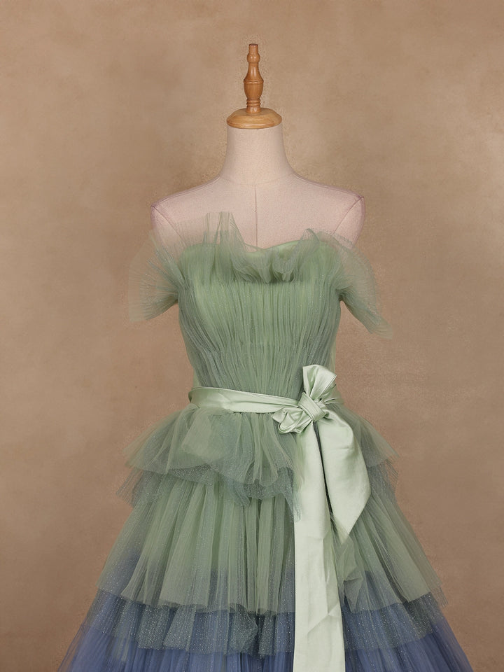 Green and Blue Ombre Tiered Ruffle Ball Gown in Tulle Net - Diadem