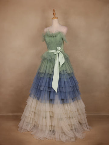 Green and Blue Ombre Tiered Ruffle Ball Gown in Tulle Net - Diadem