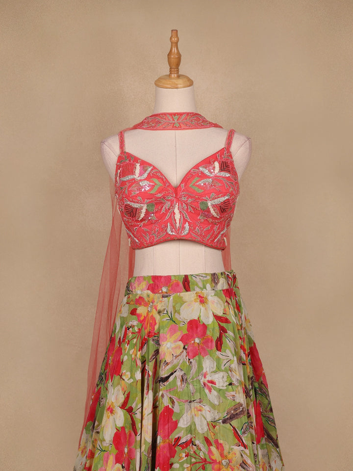 Green and Pink Floral Designed Semi Silk Bridesmaid Lehenga - Diadem