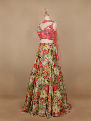 Green and Pink Floral Designed Semi Silk Bridesmaid Lehenga - Diadem