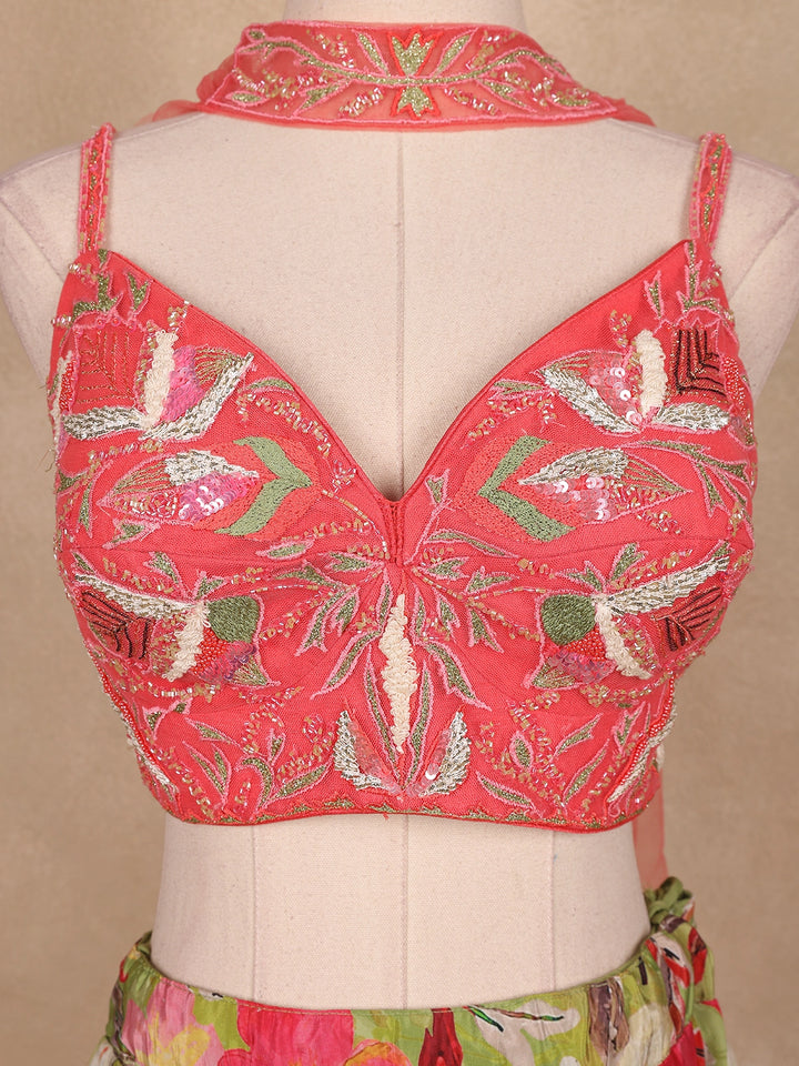 Green and Pink Floral Designed Semi Silk Bridesmaid Lehenga - Diadem