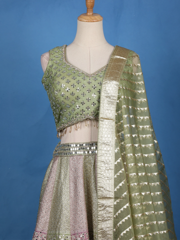 Green and Pink Floral Mirror Designed Banarasi Silk Lehenga for Bridesmaid - Diadem