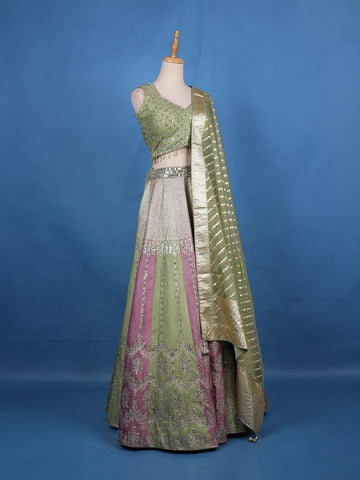 Green and Pink Floral Mirror Designed Banarasi Silk Lehenga for Bridesmaid - Diadem