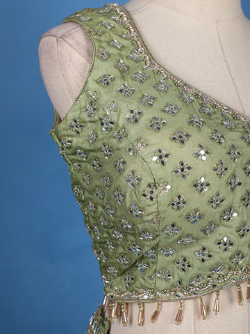 Green and Pink Floral Mirror Designed Banarasi Silk Lehenga for Bridesmaid - Diadem